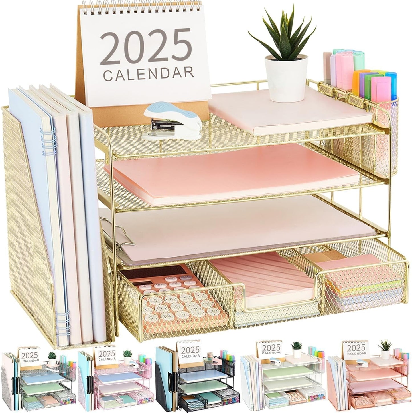 Paper Letter Tray Organizer with File Holder, 4-Tier Desk Accessories & Workspace Organizers with Drawer and 2 Pen Holder, Desk Organizers and Accessories for Office Supplies-0