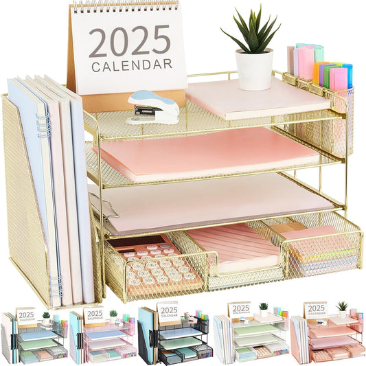 Paper Letter Tray Organizer with File Holder, 4-Tier Desk Accessories & Workspace Organizers with Drawer and 2 Pen Holder, Desk Organizers and Accessories for Office Supplies-0