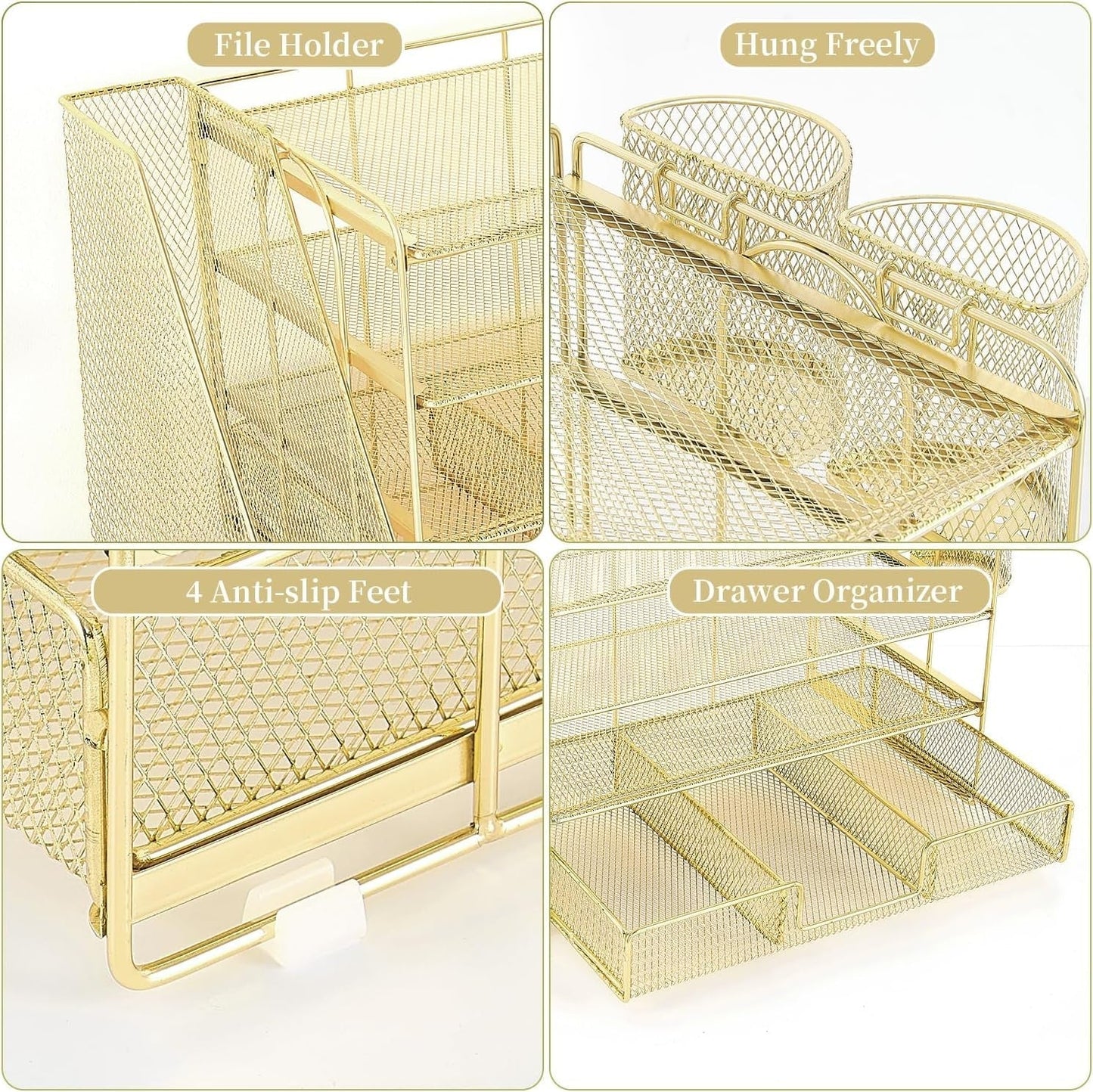 Paper Letter Tray Organizer with File Holder, 4-Tier Desk Accessories & Workspace Organizers with Drawer and 2 Pen Holder, Desk Organizers and Accessories for Office Supplies-2