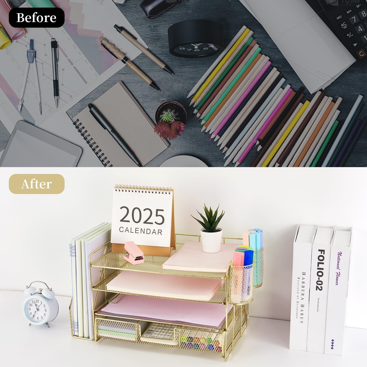 Paper Letter Tray Organizer with File Holder, 4-Tier Desk Accessories & Workspace Organizers with Drawer and 2 Pen Holder, Desk Organizers and Accessories for Office Supplies-1