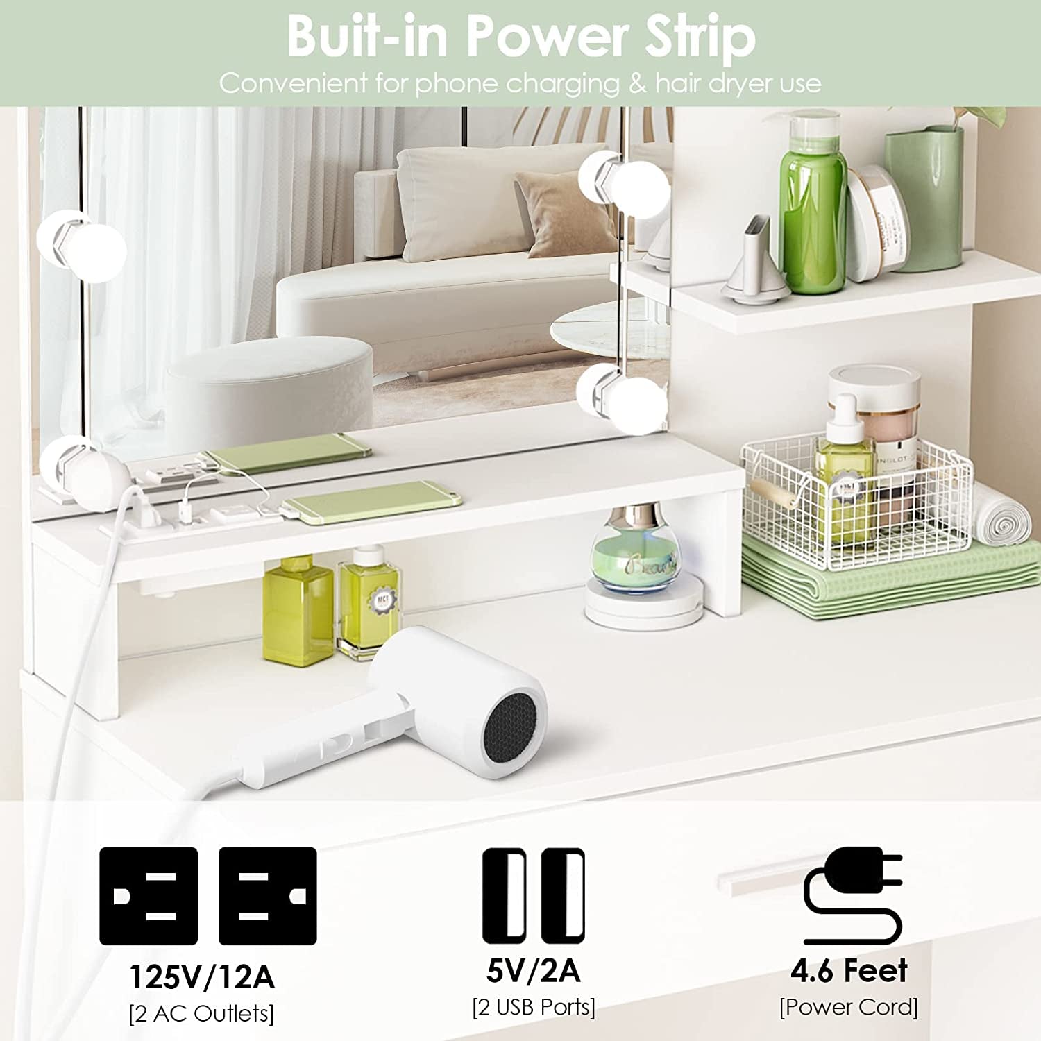 White Vanity Set with Lighted Mirror & Power-2