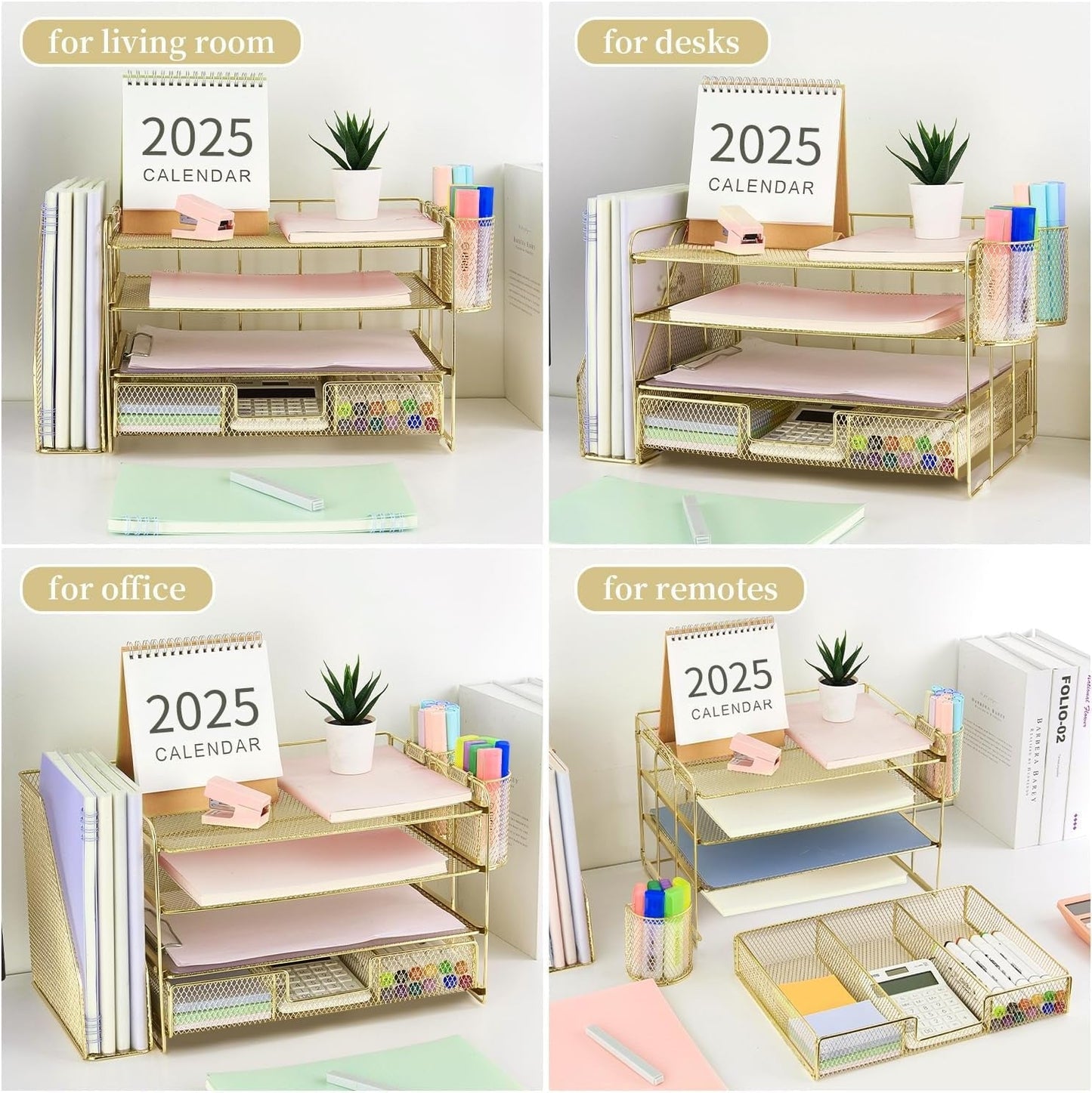 Paper Letter Tray Organizer with File Holder, 4-Tier Desk Accessories & Workspace Organizers with Drawer and 2 Pen Holder, Desk Organizers and Accessories for Office Supplies-3