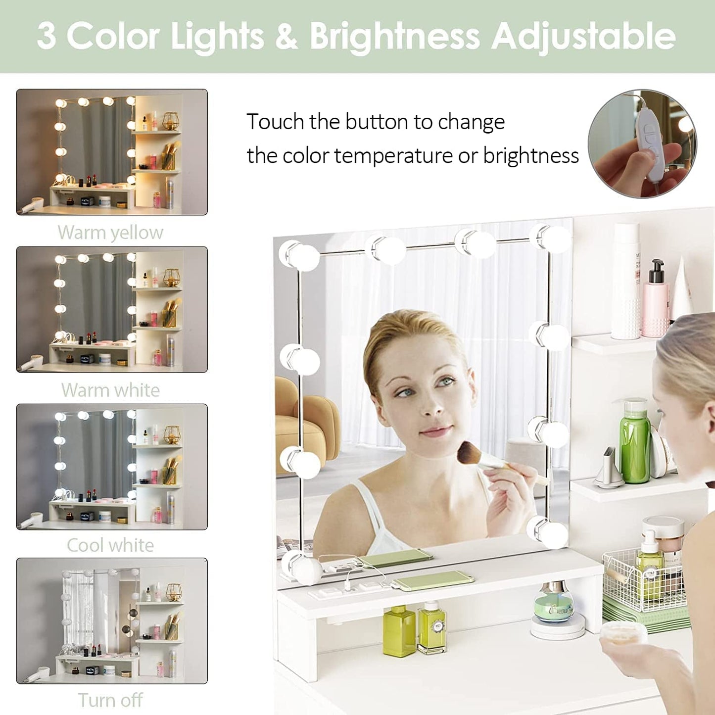 White Vanity Set with Lighted Mirror & Power-3