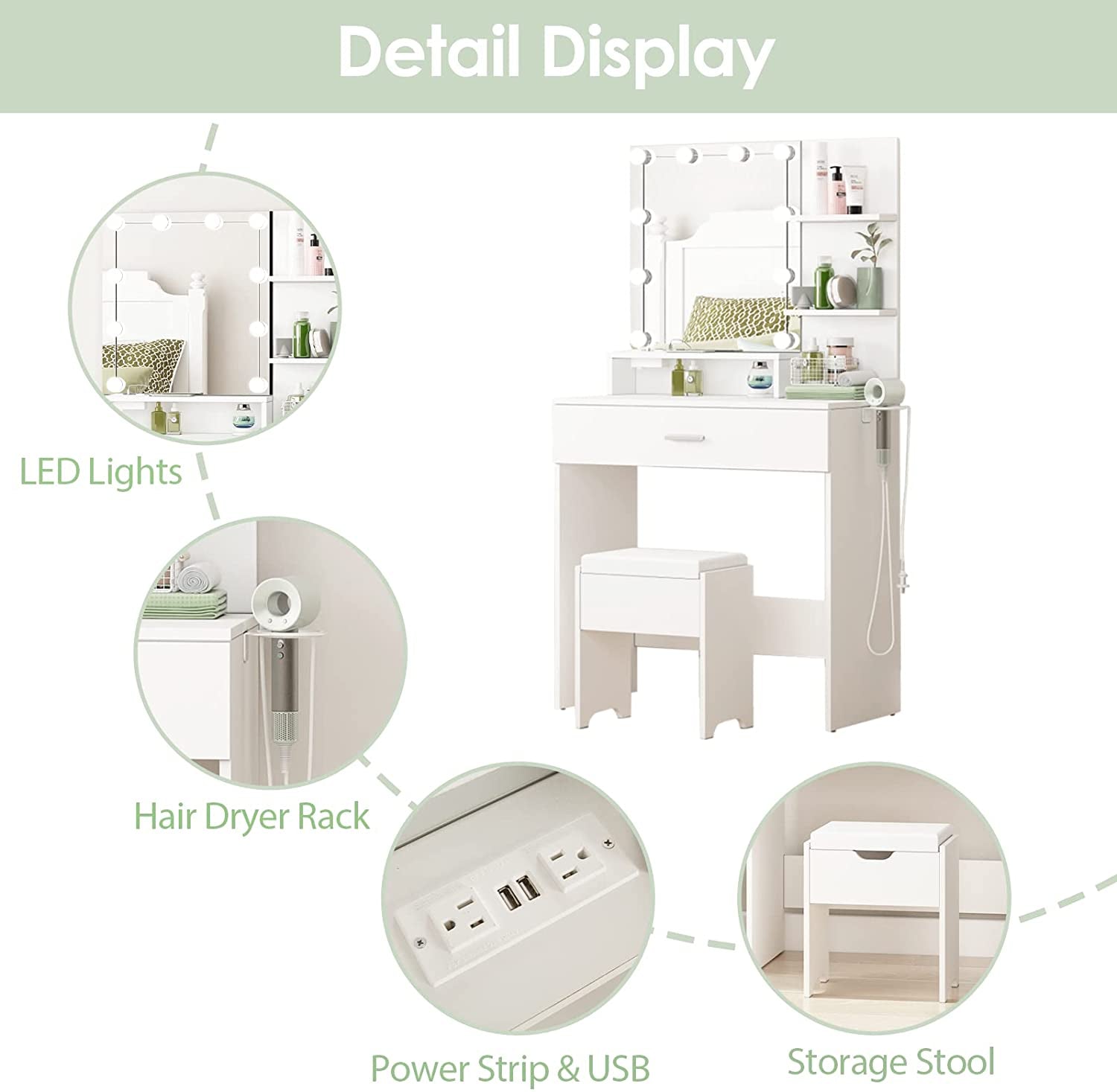 White Vanity Set with Lighted Mirror & Power-4